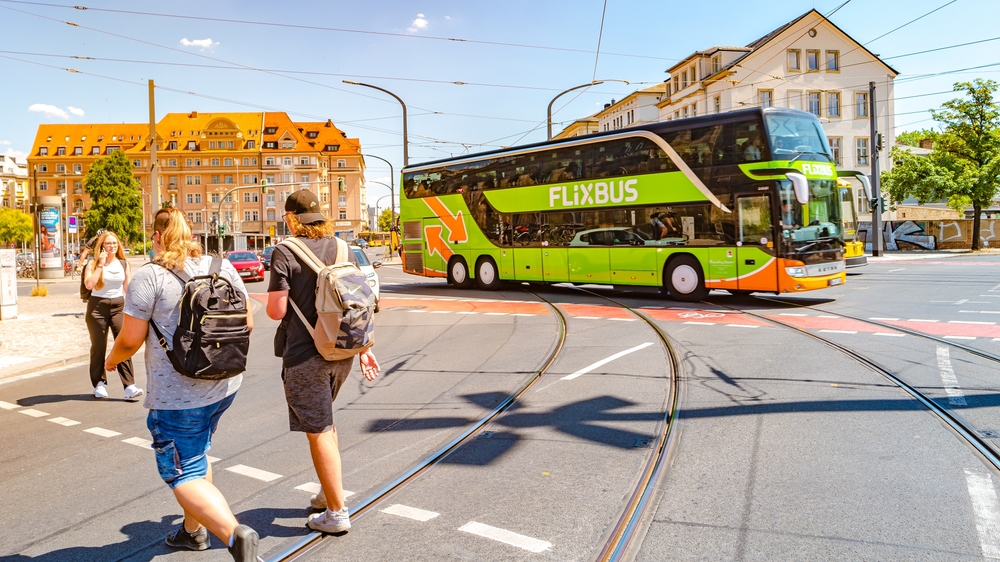 A double decker Flixbus bus in Dresden